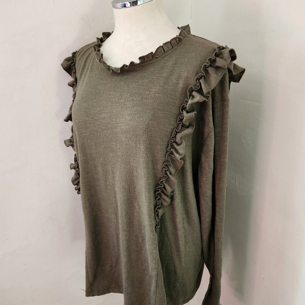 Hayden Los Angeles Olive Green Ruffle Trim‎ Long Sleeve Knit Top 2XL HY2081W - Picture 5 of 5